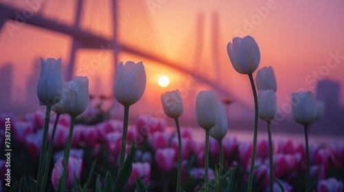 Serene Sunset over Tulip Field with a Beautiful Bridge Silhouette in the Background