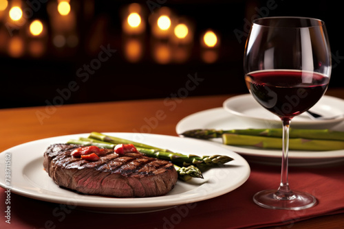 Juicy beef steak with asparagus on a plate with a glass of red wine