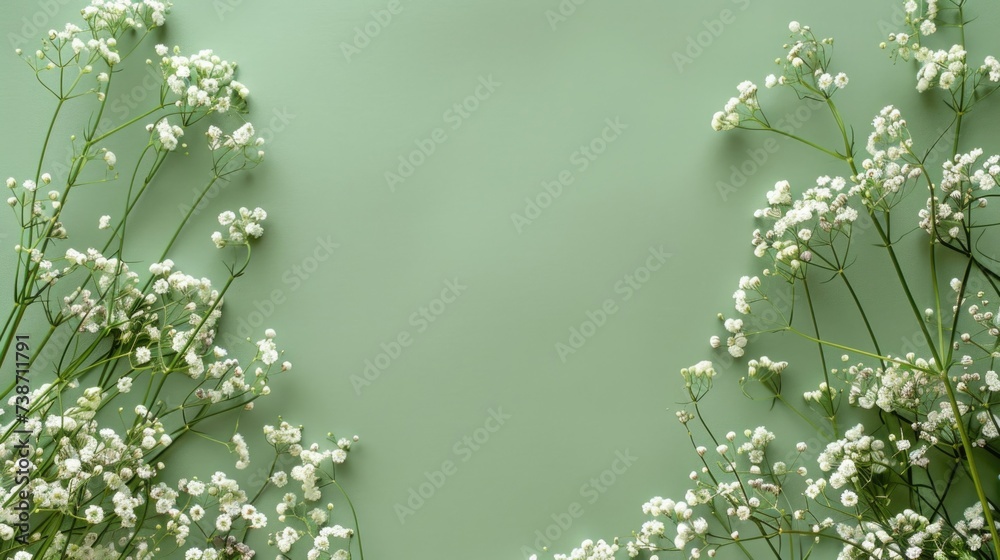 Serene Green: White Baby's Breath Flowers on Pastel Green Background Serene Green: White Baby's Breath Flowers on Pastel Green Background