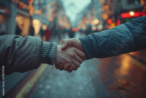 A person holding hands with another person on a sidewalk