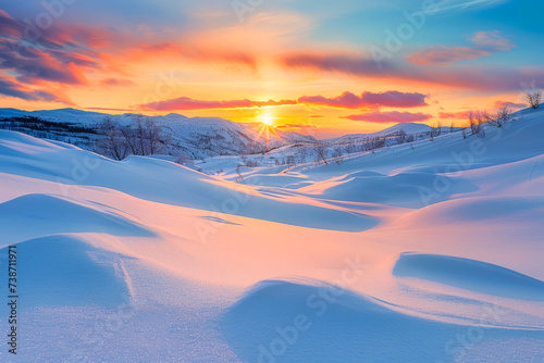 The Beautiful Winter Sunset Spread Across the Sky. The Warmth and Beauty of Winter Through the Orange and Pink Hues of the Sunset Reflected in the Snowy Landscape.