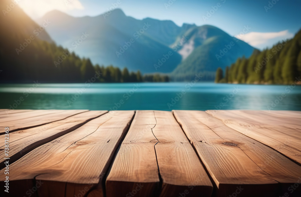 Empty wooden tabletop with blur background of summer lakes mountain. Perspective wood display on lake view. Beautiful rock glacier fresh landscape scenery, plank table blank board for product montage Empty wooden tabletop with blur background of summer lakes mountain. Perspective wood display on lake view. Beautiful rock glacier fresh landscape scenery, plank table blank board for product montage