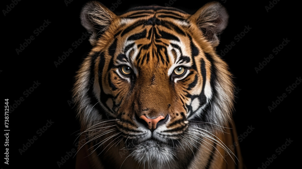 Close-up of a Sumatera tiger's head isolated against a stark black background