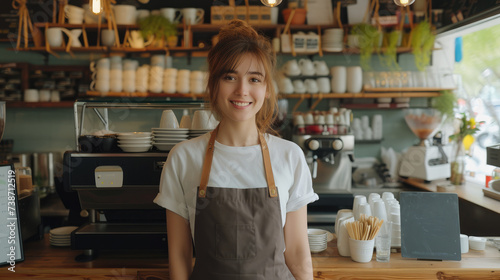 Happy cafe worker woman standing next to it counter in a cafe. Generative AI.