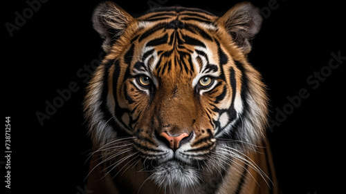 Close-up of a Sumatera tiger's head isolated against a stark black background