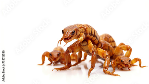 Isolated against a stark white background is a Hottentotta scorpion with babies. photo