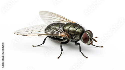 Close-up of a housefly on green leaves isolated against a stark white background
