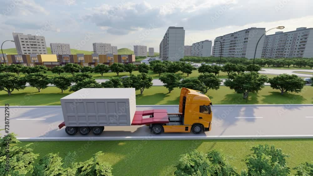 3D rendering Freight vehicle transporting concrete modul construction. Panel modul on trailer truck. Construction of multi-storey buildings.
