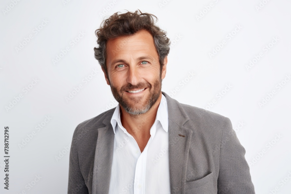 Portrait of a handsome mature man smiling at the camera while standing against grey background Portrait of a handsome mature man smiling at the camera while standing against grey background