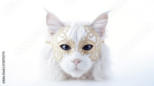 Cute cat wearing a mask, isolated on a stark white background