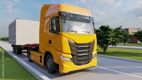 3D rendering Freight vehicle transporting concrete modul construction. Panel modul on trailer truck. Construction of multi-storey buildings. photo