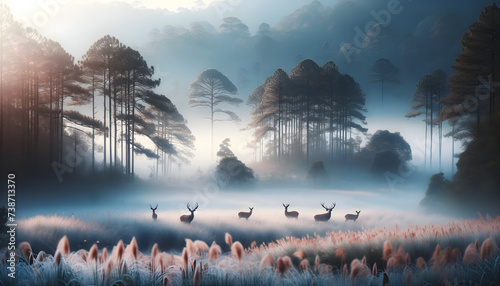 a serene winter scene in Khao Yai featuring six wild deer in a sparse forest with an early morning mist photo