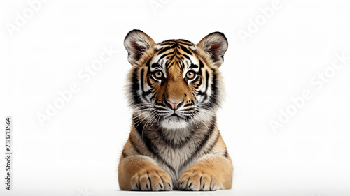 An isolated young Bengal tiger portrait on a stark white background