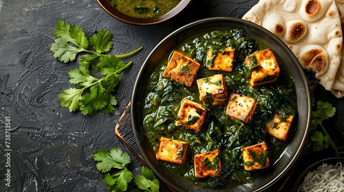 Indian saag paneer creamy spinach and fenugreek curry with paneer cheese, served with rice or naan bread photo