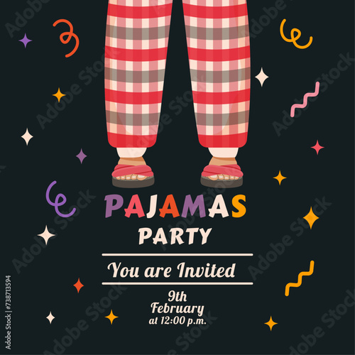 Festive invitation to a pajama party Vector illustration. Overnight. House slippers and feet. Card template. Slumber. Event banner. Celebration and relaxation for child and people. Checked pajamas. 