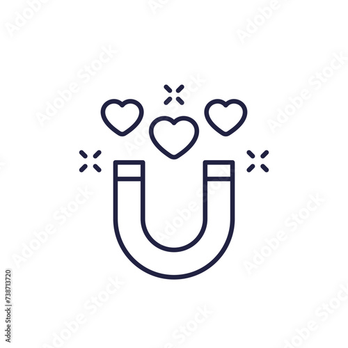 Magnet and hearts, attraction line icon