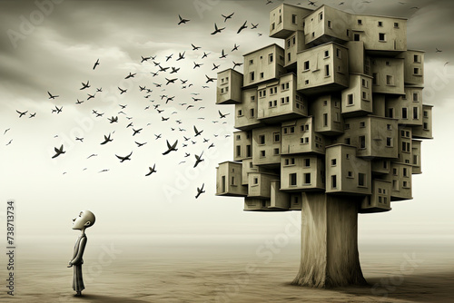 Surreal scene of flock of birds takes flight from enigmatic edifice and alone figure gazing up at large, tree-like structure densely packed with cube-shaped houses against stark, cloudy backdrop