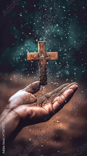 Wooden Cross Suspended over Hand with Sparkling Sand