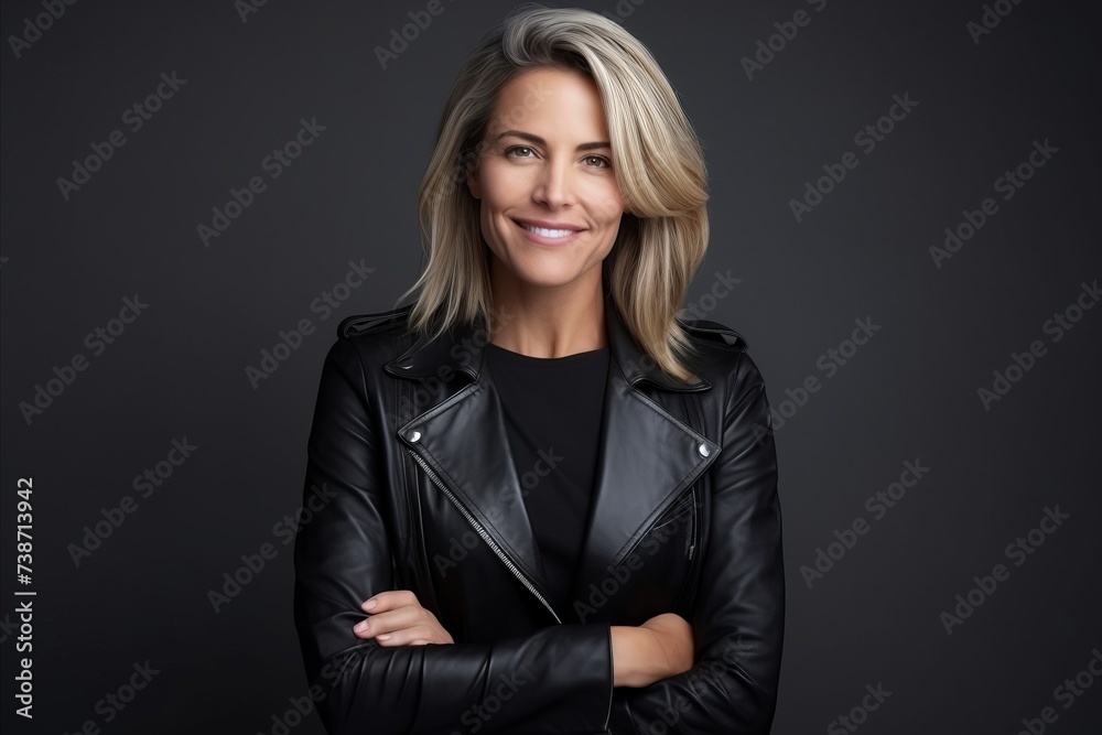 Portrait of a beautiful woman in a leather jacket on a dark background - obrazy, fototapety, plakaty 