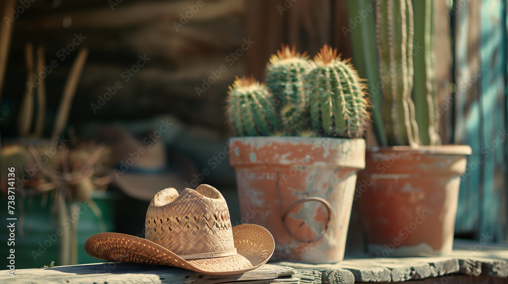 Hats and potted plants with cactuses. Generated by artificial intelligence.