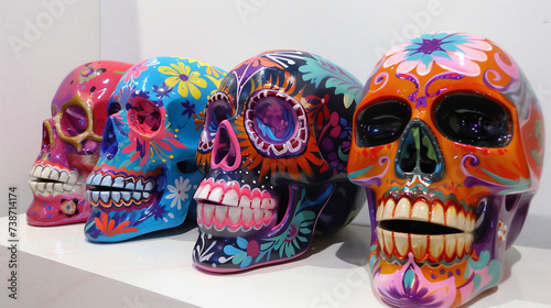 A colorful display of sugar skulls next to one another. Generated by artificial intelligence.