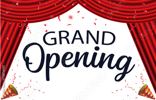 Realistic Grand Opening Invitation with Red Curtains blank background