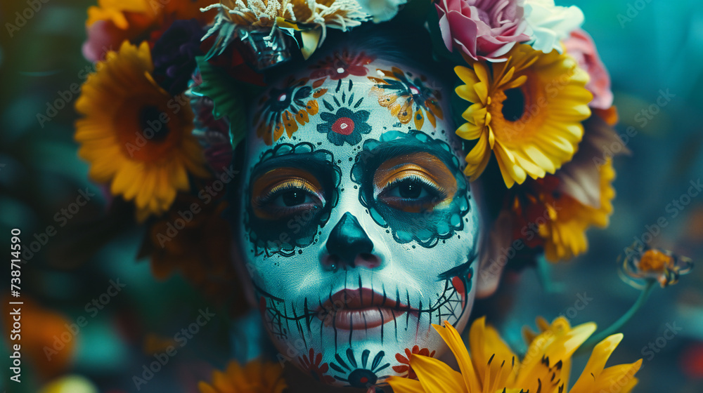 A woman is wearing a sugar skull mask with flowers on it. Generated by artificial intelligence.