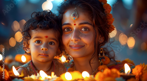 Smiling woman with a young child in a festive diwali setting with diya and cultural attire,ai generated