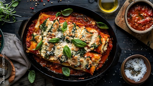 Italian cannelloni stuffed with ricotta and spinach, baked in marinara sauce and topped with mozzarella cheese