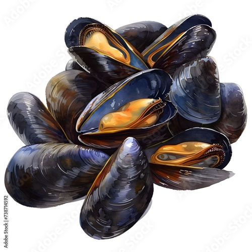 Mussels illustration, type of meat, full body, watercolor illustration.