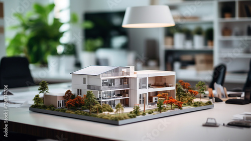 model of a small living house on a table in a real estate agency office