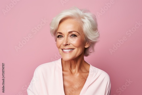 Portrait of smiling senior woman. Isolated on pink background.