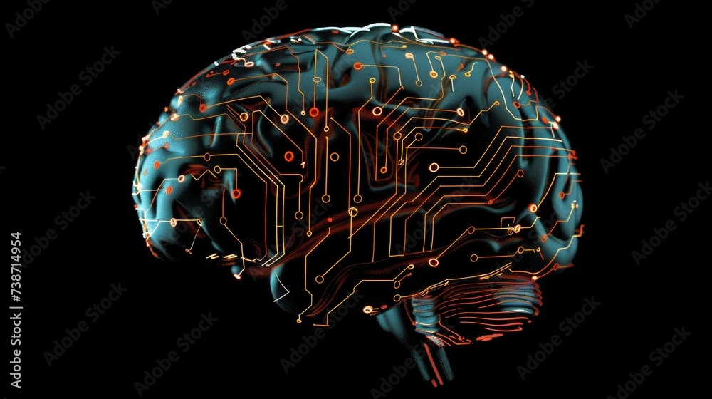 A human brain illuminated with neural connections, symbolizing artificial intelligence, against a dark background