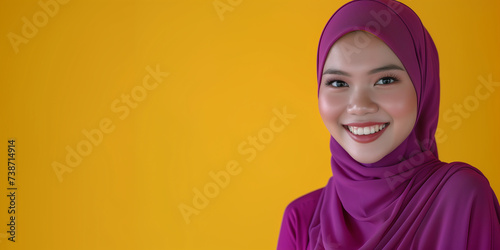 smiling Malay woman in a hijab on yellow copy space 