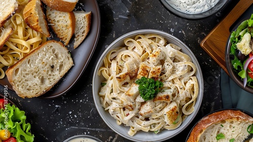 Italian fettuccine Alfredo with creamy Parmesan sauce, served with garlic bread and a Caesar salad photo