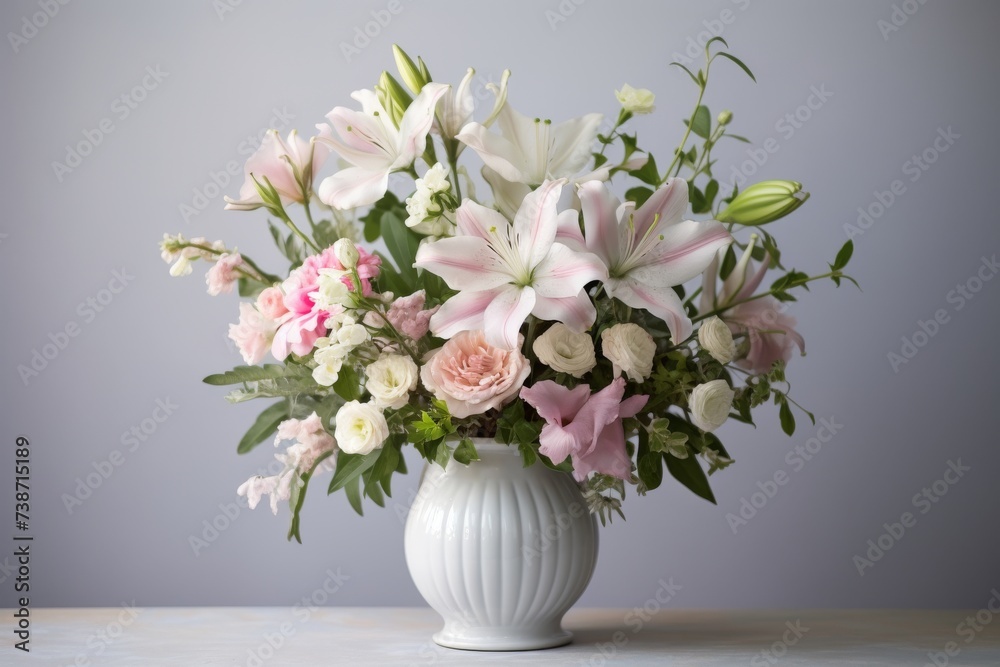 A bouquet of pink lilies, roses, and assorted white flowers in a classic ribbed white round vase on a light gray background