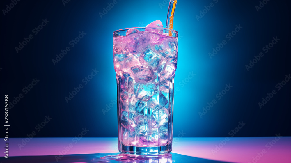 Kolorowy drink na tle neonowych świateł klubowych - zimny napój schłodzony lodem ze słomką w przezroczystej szklance - obrazy, fototapety, plakaty 