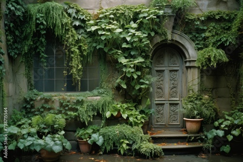 Residential building. Background from leaves and plants. Plant wall with lush green colors