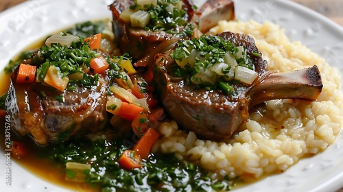 Italian ossobuco Milanese braised veal shanks with vegetables, white wine, and gremolata, served with risotto alla Milanese photo