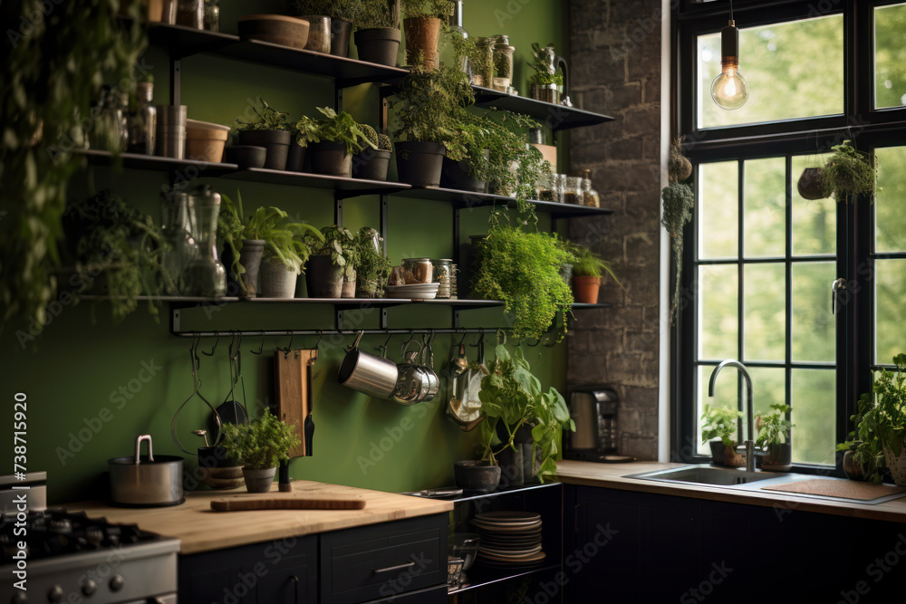 Modern kitchen. Vertical garden - wall design of green plants. Architecture, decor, eco concept Modern kitchen. Vertical garden - wall design of green plants. Architecture, decor, eco concept