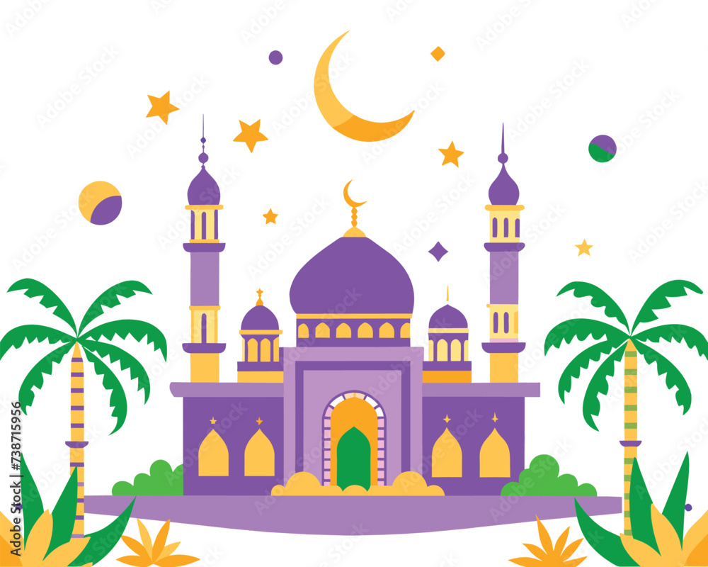 illustration of the beautiful futuristic mosque and ramadan islamic culture icon and with beautiful moon light, The landmark, generative AI