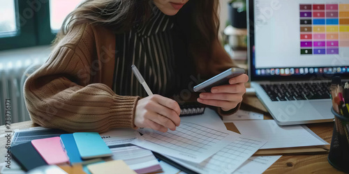 a women designer working,designer choosing color swatch samples on laptop and drawing design