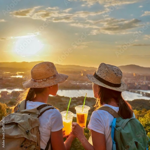 two friends with hats enjoying a sunset during their trip around the worlde photo