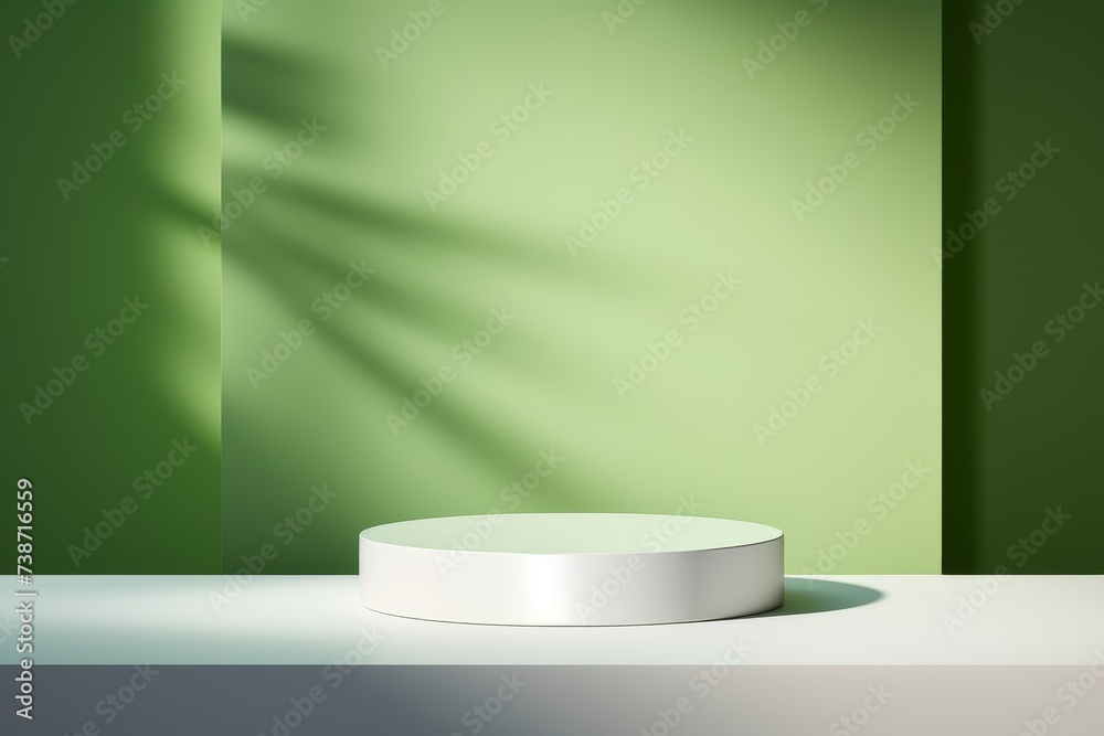 Minimalistic white round podium on a table with green shadow backdrop, ideal for product display Minimalistic white round podium on a table with green shadow backdrop, ideal for product display