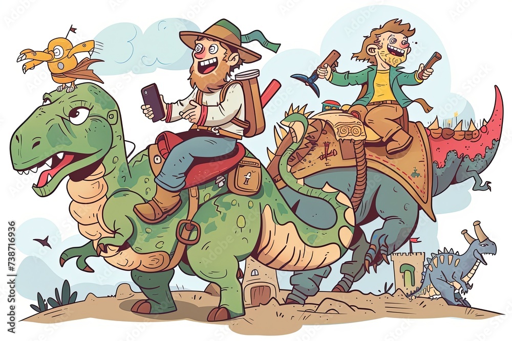 Fototapeta premium A couple of people are seen riding on the back of a large, lifelike dinosaur in a playful and adventurous manner. Generative AI