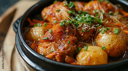 Korean dakbokkeumtang spicy braised chicken stew with potatoes, carrots, and glass noodles photo