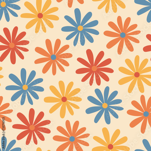 Floral retro seamless pattern. Multicolored flowers hand drawn background 70s style