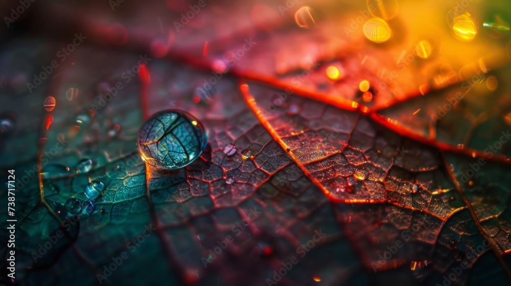 A single drop of water rests perfectly on top of a green leaf - obrazy, fototapety, plakaty 