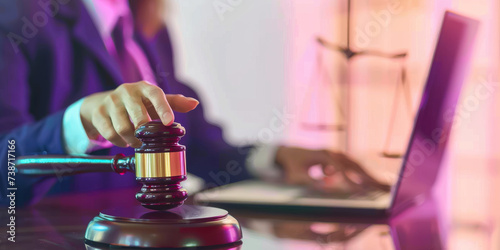 man in business suits hecking legal agreement in t laptop beside wooden judge gavel  photo