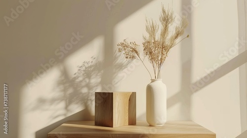 A white vase placed on top of a wooden shelf. The simple yet elegant composition showcases the contrast between the smooth white surface of the vase and the rough texture of the wooden shelf.